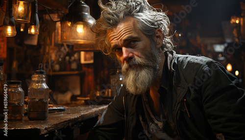 Gray haired senior man with mustache sitting in leather workshop, confident generated by AI