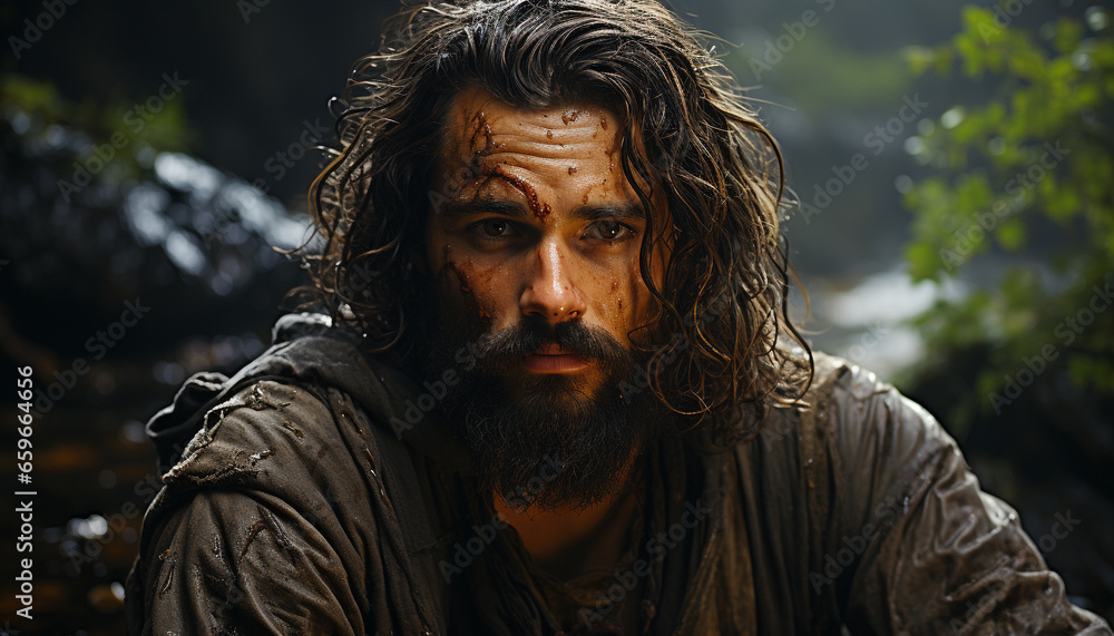 Confident man in nature, wet and muddy, looking at camera generated by AI Confident man in nature, wet and muddy, looking at camera generated by AI
