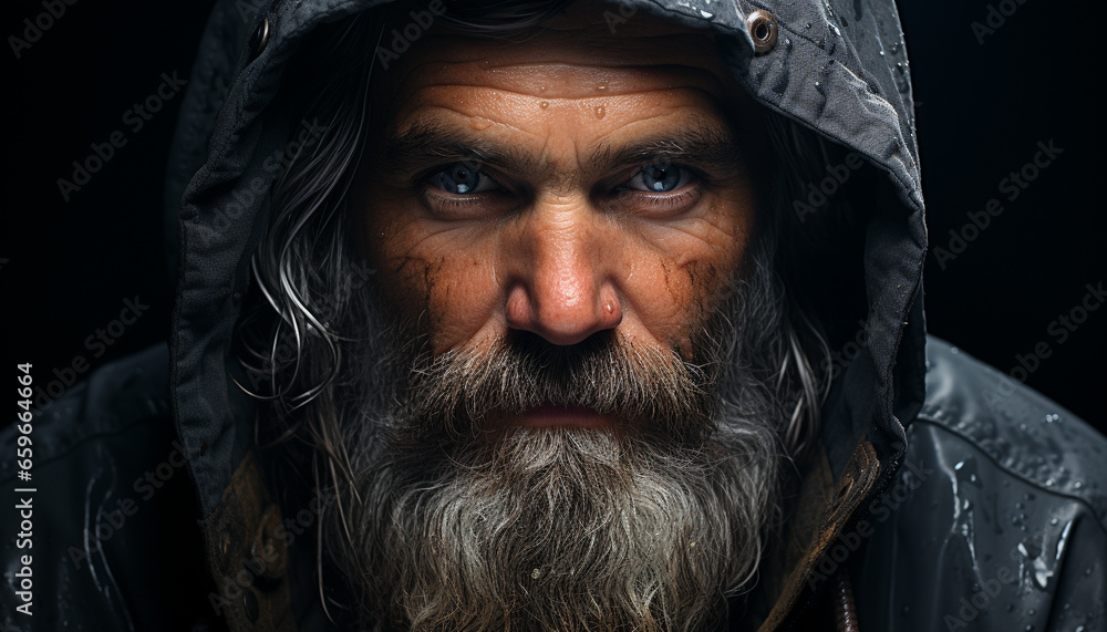 Gray haired man in raincoat with mustache looking sad in autumn generated by AI Gray haired man in raincoat with mustache looking sad in autumn generated by AI