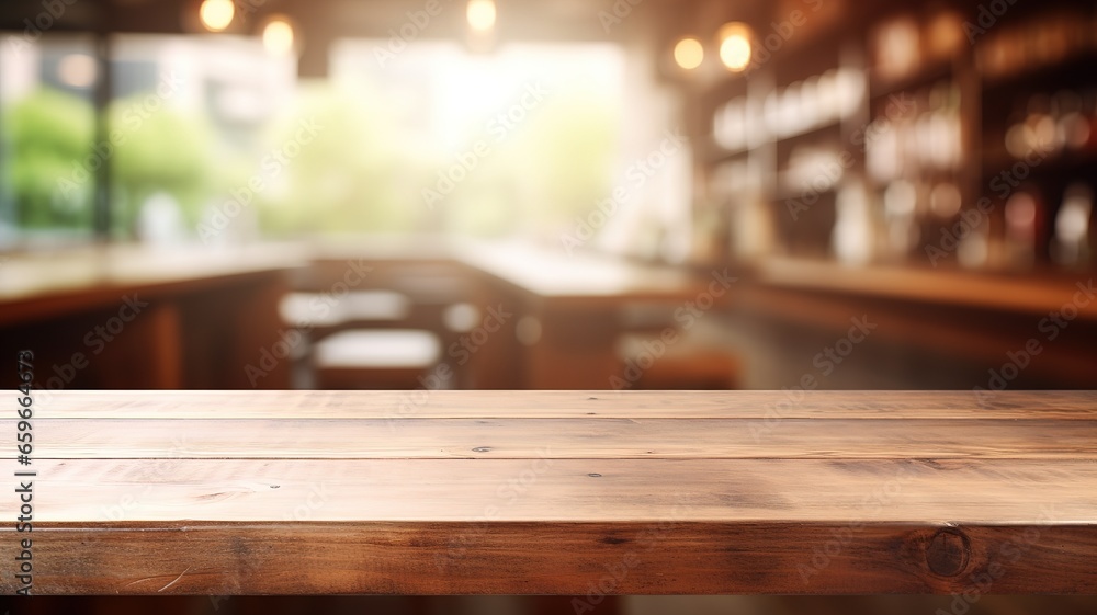 Empty wooden table top on blur of cafe, coffee shop, bar, background with lights bokeh can used for display or montage your products. restaurant background. AI Empty wooden table top on blur of cafe, coffee shop, bar, background with lights bokeh can used for display or montage your products. restaurant background. AI