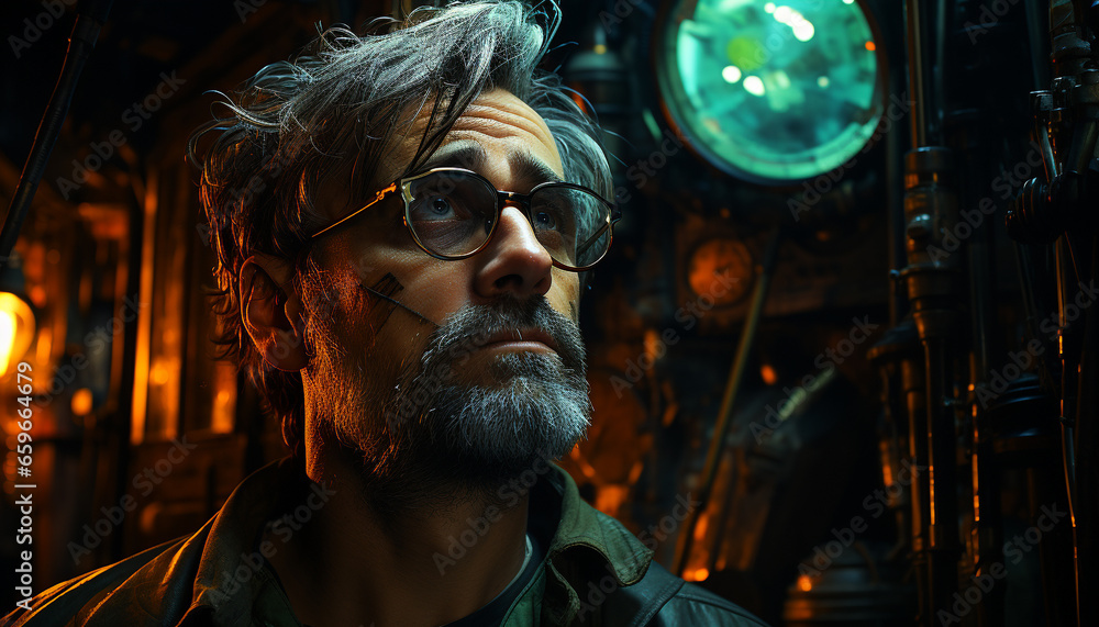 Confident mature man with beard and mustache, wearing eyeglasses, standing indoors generated by AI Confident mature man with beard and mustache, wearing eyeglasses, standing indoors generated by AI