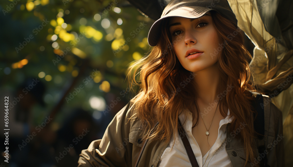 Beautiful young woman exudes confidence in fashionable casual clothing generated by AI Beautiful young woman exudes confidence in fashionable casual clothing generated by AI
