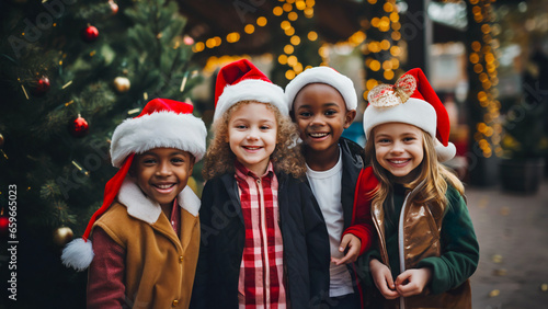 Group of smiling happy kids in santa hats having fun on Christmas holidays, playing outdoors together. Diverse children with different ethnicity, hair and skin types. Concept of happy joyful childhood