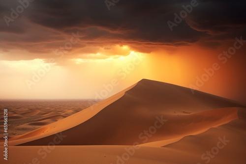 Peaceful evening above desert dune amidst approaching sandstorm. Generative AI