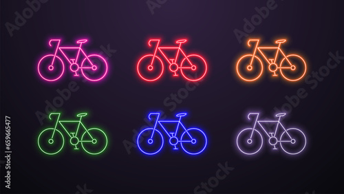 A set of neon bright glowing bicycles in the colors blue, yellow, green, red, purple and white on a dark background.