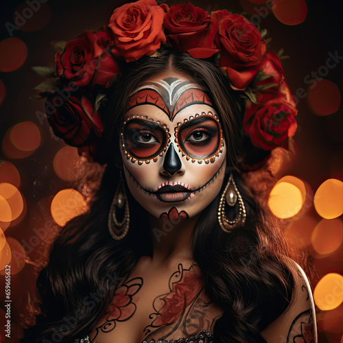 Mesmerizing Mexican Model in Day of the Dead Makeup and La Cuera