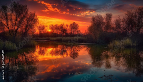 Vibrant sunset reflects on tranquil water surface generative AI © Jeronimo Ramos