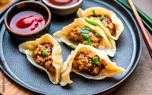 A close-up shot of golden-fried dumplings, perfectly crispy on the outside, revealing a mouthwatering filling of minced pork and vegetables, served with a side of spicy dipping sauce for an irresistib