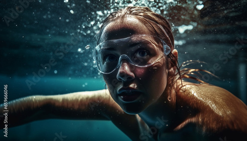 Caucasian woman diving into blue underwater adventure generative AI © Jeronimo Ramos