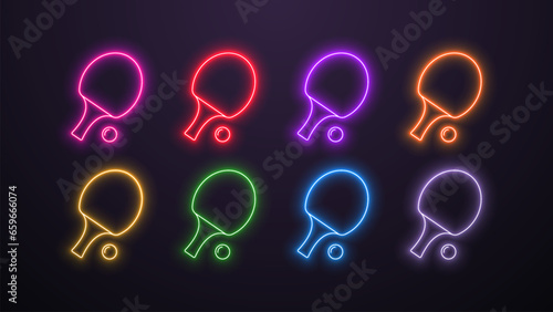 A set of 8 neon glowing LED lamp icons with rackets and a ping pong ball in different colors white, orange, blue, yellow, green, red, purple and pink on a dark background. Logo for sports.