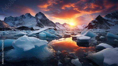 siberian icecaps in autumn-winter with beautiful colorful sunset at dusk featuring snow-covered mountains and cloudy skies © Case