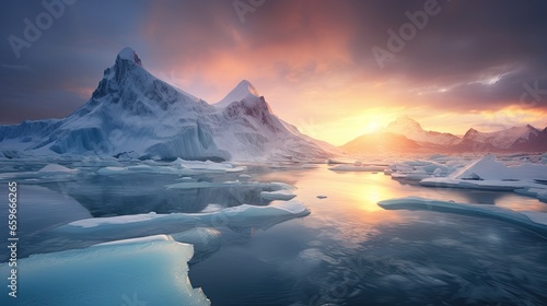 northern icecaps in autumn-winter with beautiful colorful sunset at dusk