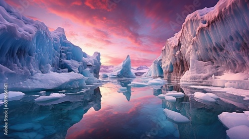 autumn-winter icy lake with glaciers and a colorful sunset
