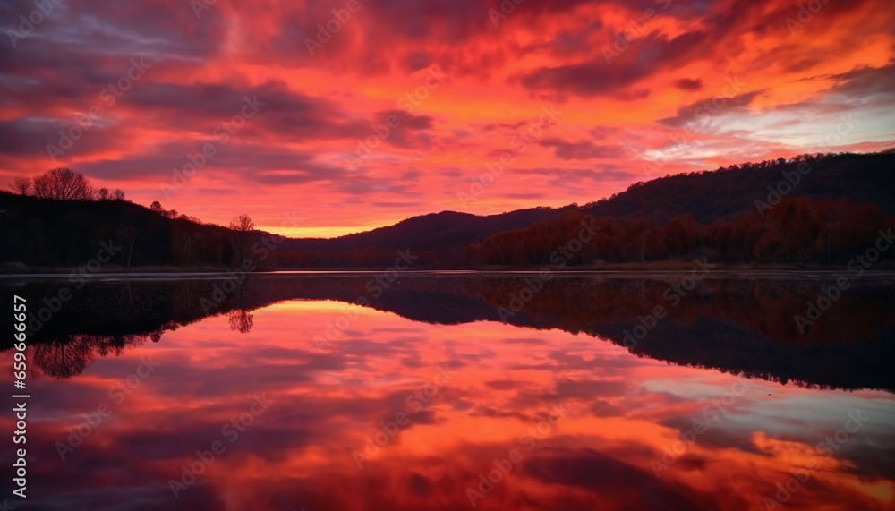 Majestic mountain range reflects vibrant sunset colors generative AI