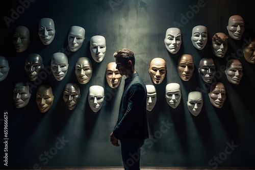 Fake emotion, play a role concept. Character holds masks our face with different emotions. Choice of moods, hiding behind a false mask. Defense and playing to the audience. Psychology. photo