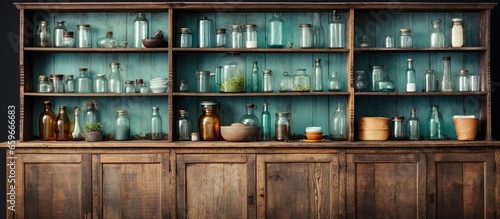 Various glassware and kitchen items stored in antique wooden cupboard in rustic country style