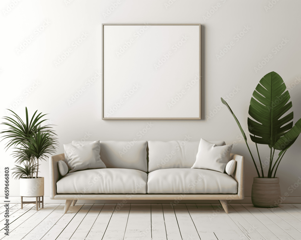 Fototapeta premium Blank frame hanging in living room 