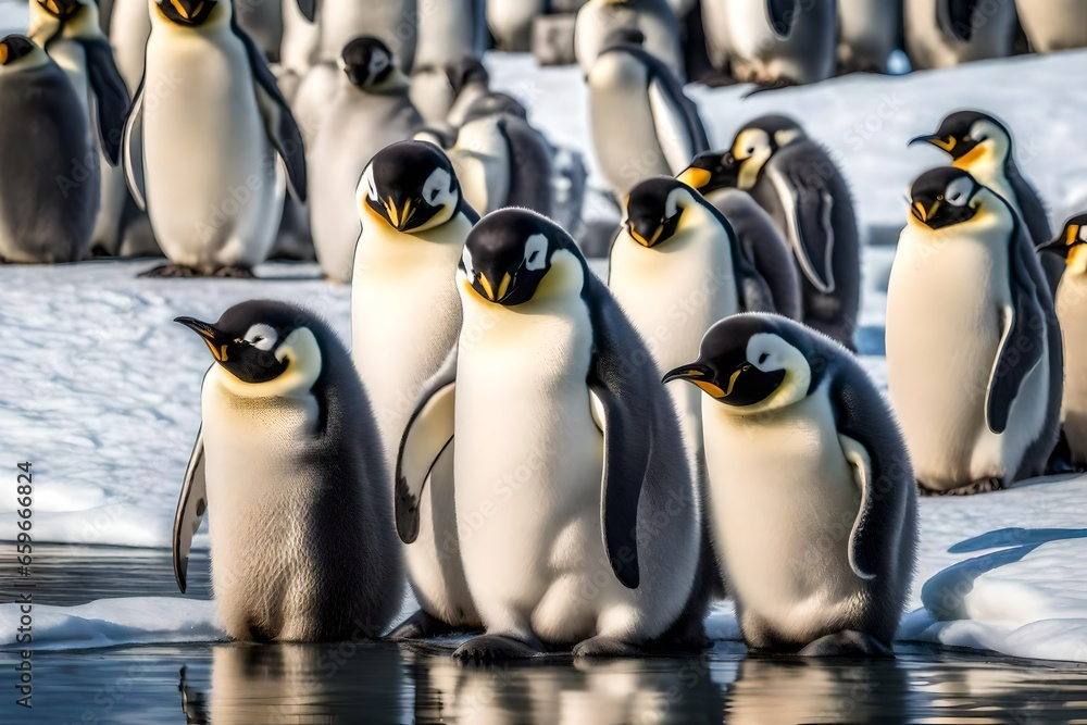 Obraz premium Emperor Penguin chicks in corner of river,