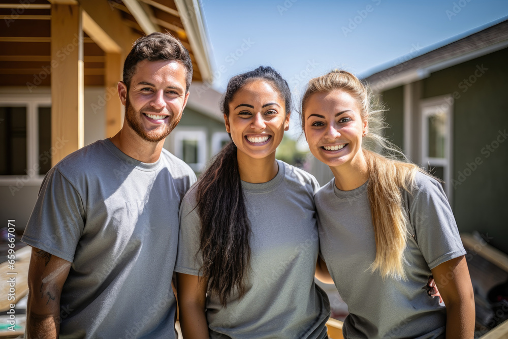 Portrait of diverse group of confident volunteers building charity home Portrait of diverse group of confident volunteers building charity home