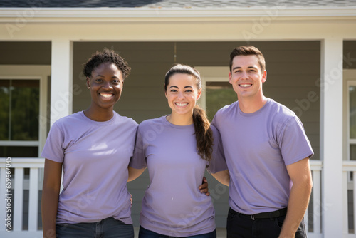 Portrait of diverse group of confident volunteers building charity home