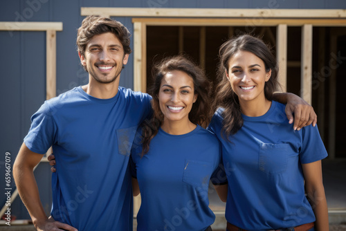 Portrait of diverse group of confident volunteers building charity home