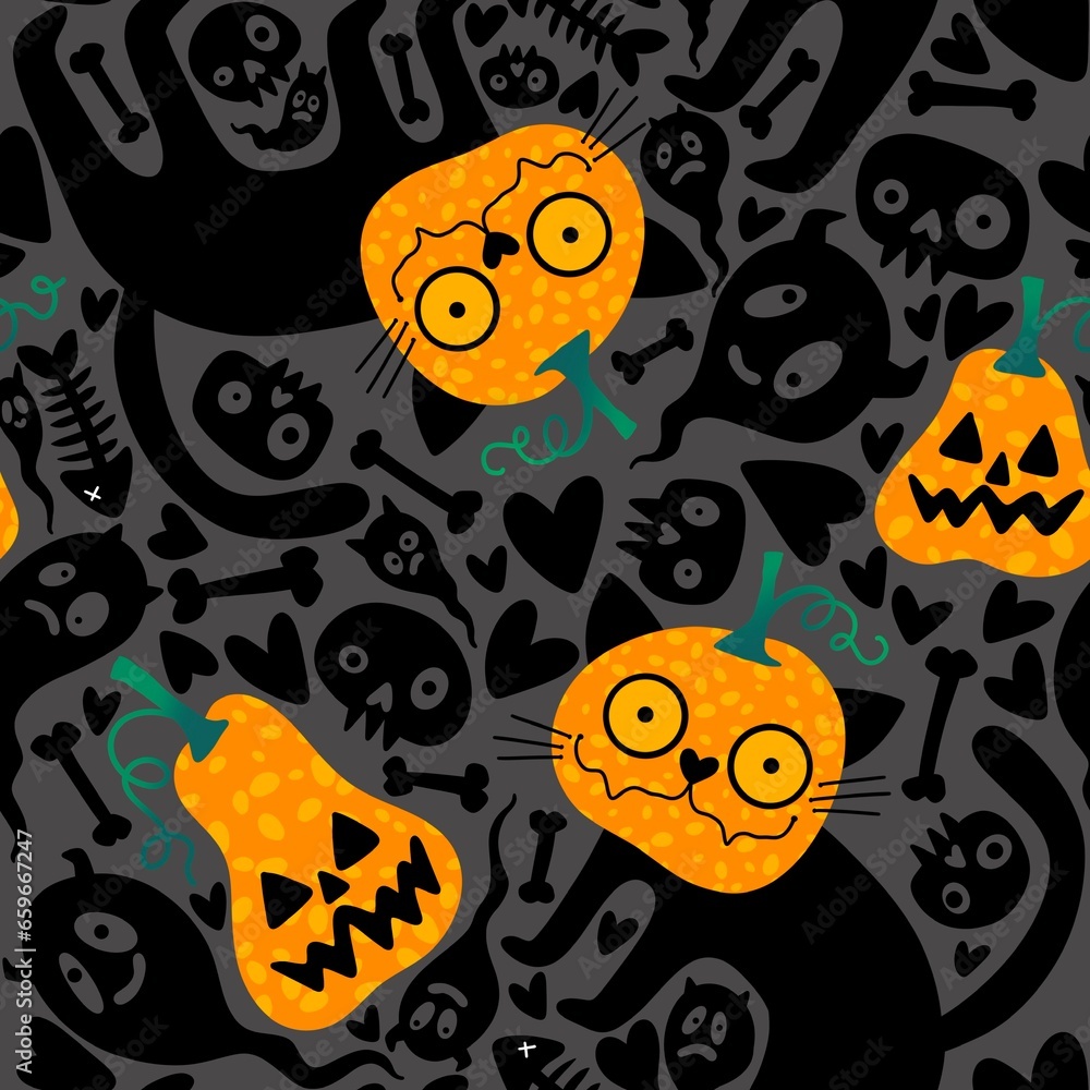 Fototapeta premium Cartoon doodle Halloween seamless cats and pumpkins and skulls and bones pattern for wrapping paper