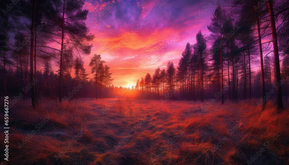 Vibrant sunset silhouettes pine tree against tranquil forest landscape generated by AI