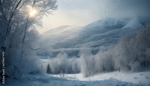 Tranquil scene of winter forest, snow covering mountain and tree generated by AI © Stockgiu
