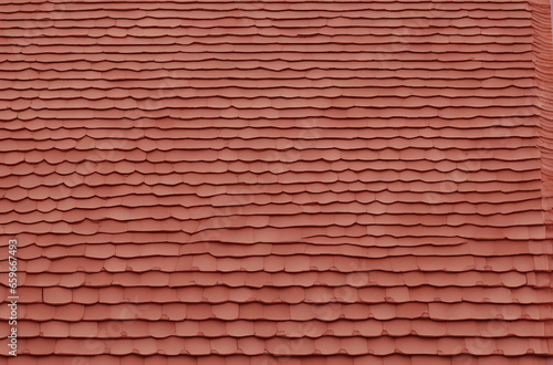 Roof background in red tiles. Overlapping rows of yellow ceramic roofing tiles covering residential house