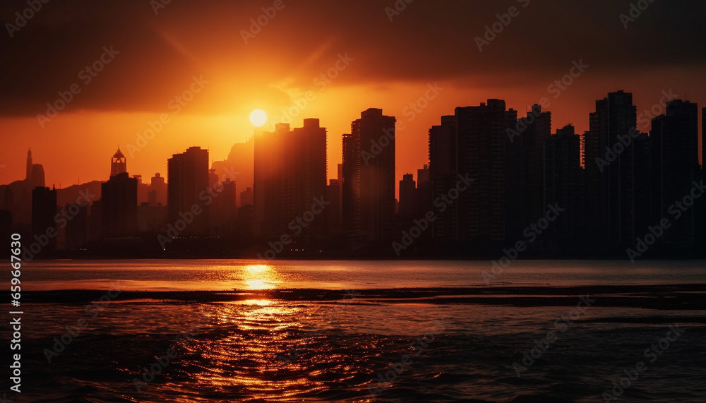 City skyline glows in backlit sunset, reflecting on waterfront generated by AI