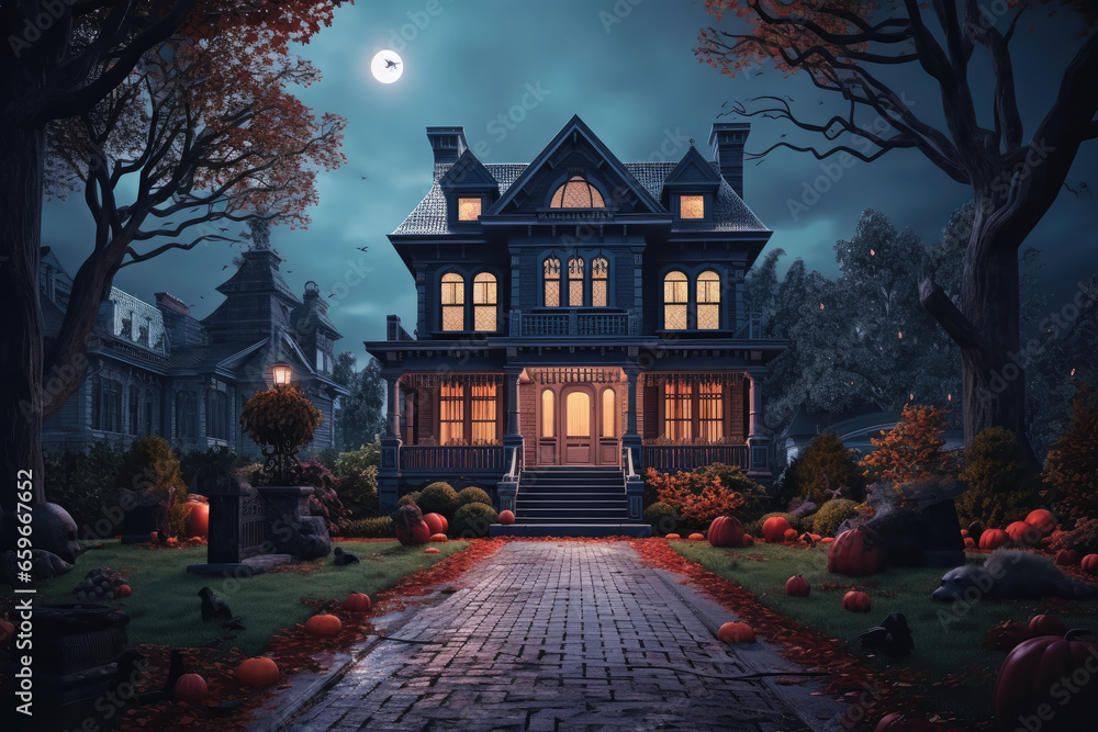 casa de dos plantas en bosque de noche iluminada y decorada con calabazas para halloween, sobre fondo co luna llena