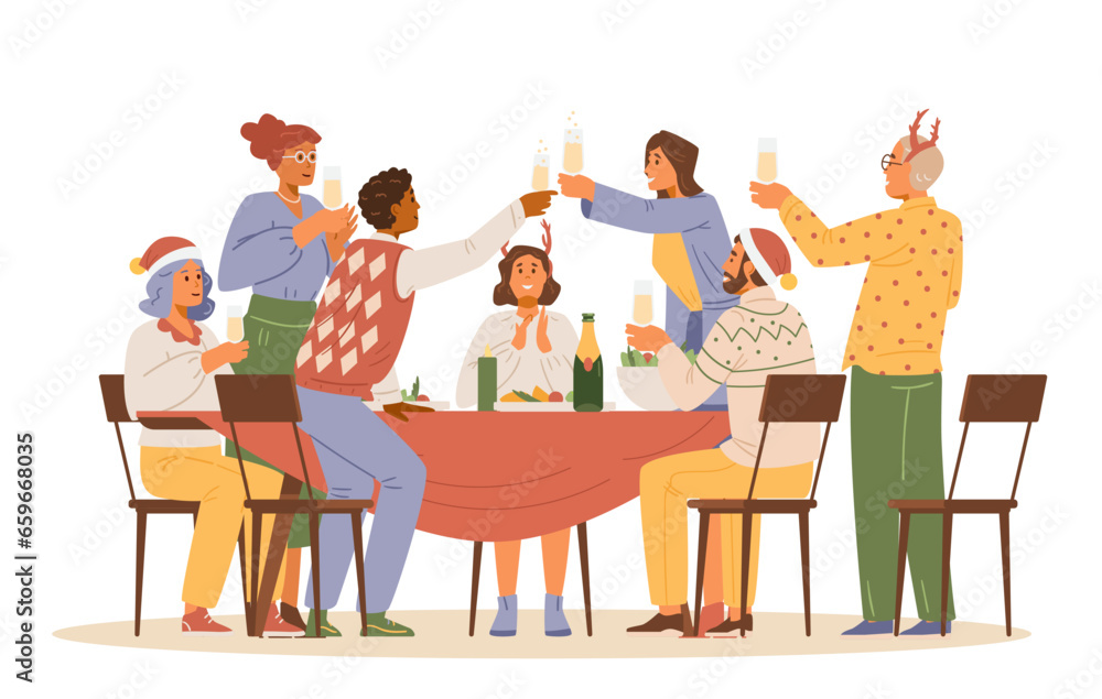 Christmas party at home flat vector illustration. Friends at dinner table with glasses of champagne laughing and making a toast.
