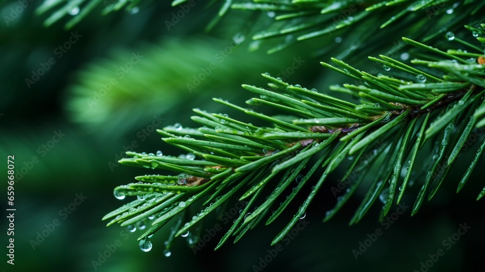 Fototapeta premium Morning Dew Magic: Macro Shot of Fresh Pine Needles