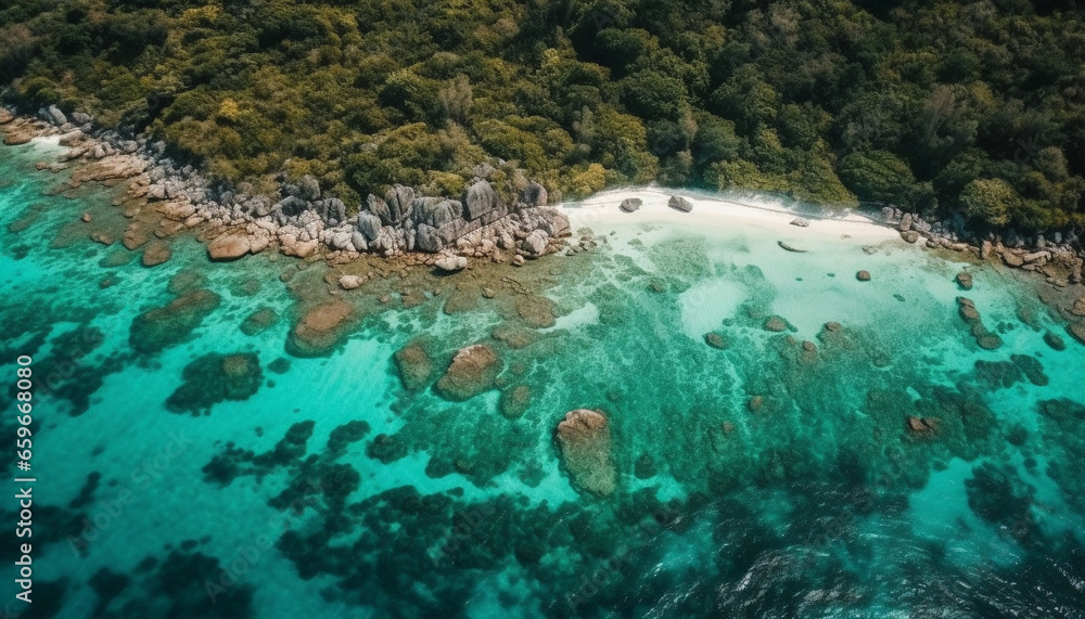 Transparent turquoise water surrounds idyllic tropical coastline, viewed from drone generated by AI