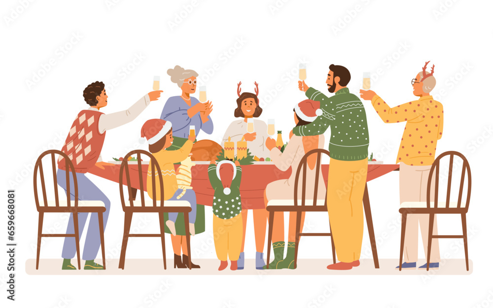 Christmas family party at home flat vector illustration. People in Christmas outfit at dinner table with glasses of champagne laughing and making a toast.