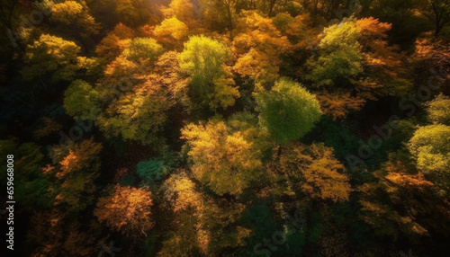 A vibrant autumn landscape with multi colored trees and yellow leaves generated by AI
