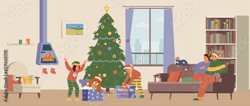 Christmas morning family gathering flat vector illustration. Kids opening gifts, parents sitting on the couch. Living room interior with Christmas decorations.