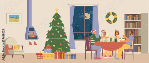 Christmas party at home flat vector illustration. Friends at dinner table with glasses of champagne laughing in cozy living room with Christmas decorations.