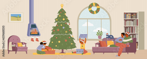 Christmas morning African American family gathering flat vector illustration. Kids opening gifts, parents sitting on the couch. Living room interior with Christmas decorations.