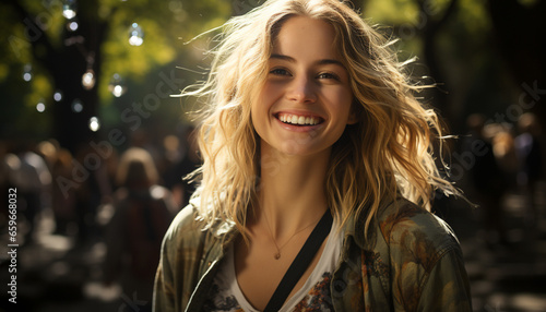 Beautiful young woman with long blond hair smiling at camera generated by AI