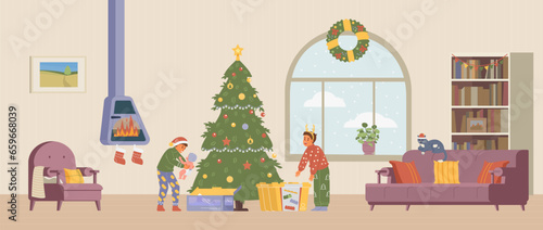 Christmas morning happy kids opening gifts near Christmas tree flat vector illustration. Living room interior with Christmas decorations.