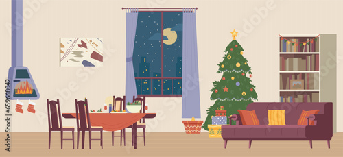 Living room interior with Christmas decorations flat vector illustration. Christmas eve with decorated Christmas tree with present boxes, fireplace with stockings and table served.