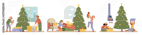 Happy kids opening gifts near Christmas tree flat vector scenes set. Excited multiracial children in Christmas outfit unwrapping presents at home.