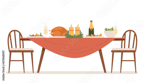Christmas dinner table with food and champagne flat vector illustration isolated on white. Table with red cloth served with turkey, salad, plates and glasses, bottle of champagne and candles.
