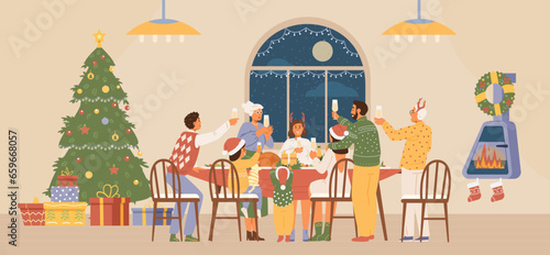 Family Christmas party at home flat vector illustration. People in Christmas outfit at dinner table with glasses of champagne laughing and making a toast.