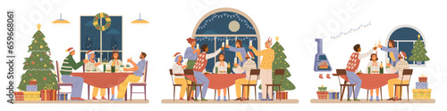 Christmas party at home flat vector illustrations set. Friends at dinner table with glasses of champagne laughing near Christmas tree with gift boxes.