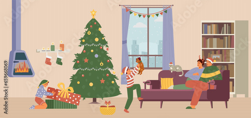 Christmas morning family gathering flat vector illustration. Kids opening gifts, parents sitting on the couch. Living room interior with Christmas decorations. © Александра Гвардейце
