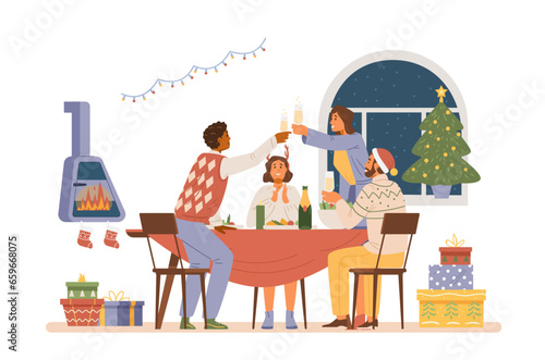 Christmas party at home flat vector illustration. Friends at dinner table with glasses of champagne laughing.
