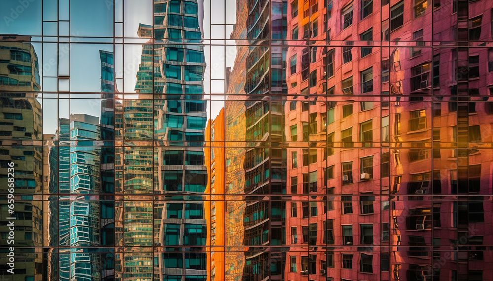 Vibrant skyscraper reflects modern city life in futuristic design generated by AI