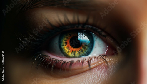 Close up of young woman blue eye with green iris and eyelash generated by AI
